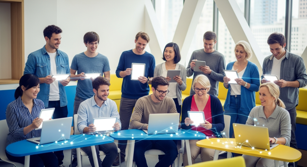 A vibrant illustration showing diverse students of different ages learning digitally, some on laptops, others on tablets, in a collaborative and connected virtual space.